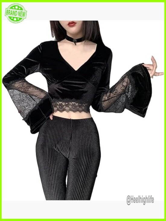 Tops - Gothic Velvet Lace Patchwork Crop Top - Long Sleeve V Neck Dark Style
